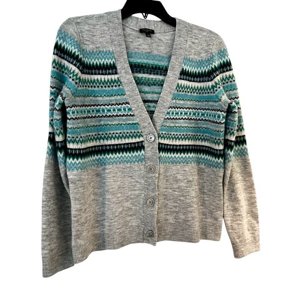 TALBOTS gray green blue FairIsle xox button c neck cardigan sweater NWOT Sz S - Picture 3 of 5